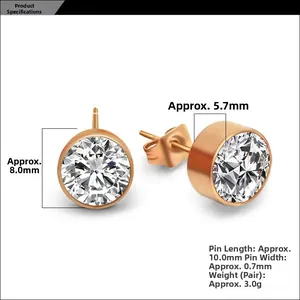 Detailed size chart for 8mm rose gold zircon stud earrings with product dimensions