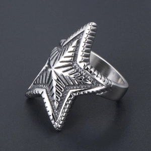 Vintage silver star ring for men featuring detailed radial engravings and punk style