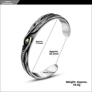 Detailed view of retro steel feather bangle showing dimensions and technical measurements