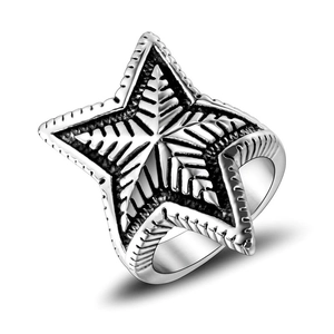 Retro pentagram star ring in vintage silver finish with feather texture for men