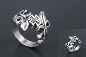 Detailed close-up of retro titanium steel ring featuring cross and floral vine patterns