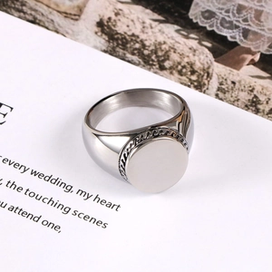 Sleek silver titanium steel signet ring for men and women with vintage woven texture edges