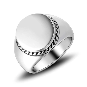 Polished silver titanium steel signet ring for men with braided rope textured rim