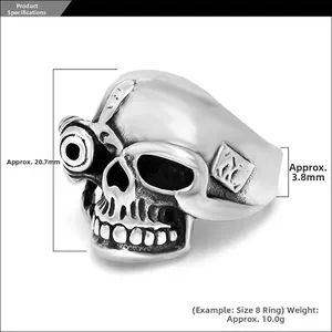 Detail view of gothic skull ring in vintage silver finish with precise size measurements