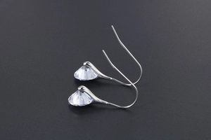 Detailed close-up of silver drop earrings featuring brilliant round-cut zirconia crystals