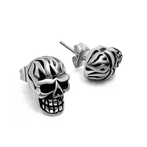 Boucles d'Oreilles Clous Rétro Tête de Mort Acier Inoxydable Punk Gothique Biker Motif Flamme Hommes Argent Antique Bijoux