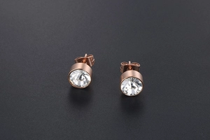 Detail shot of rose gold titanium steel stud earrings with centered round cubic zirconia