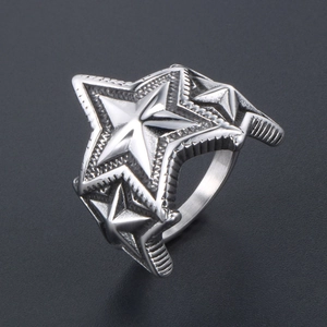 Bague punk en acier inoxydable avec étoiles empilées et finition argent brossé