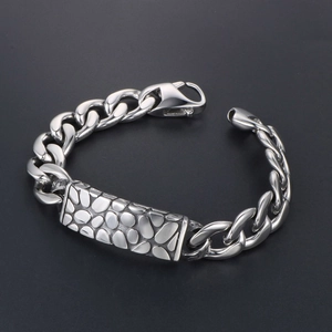 Polished titanium steel curb chain bracelet with pebble texture metal plate for men