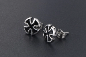 Macro view of Gothic black enamel cross earrings made of durable silver-tone titanium steel