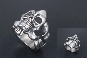 Detailed macro view of vintage gothic skull ring in polished silver titanium steel