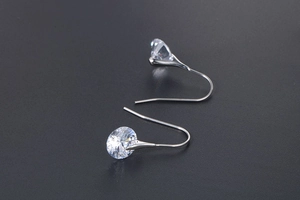 Detailed macro view of silver titanium steel drop earrings featuring brilliant round zircons