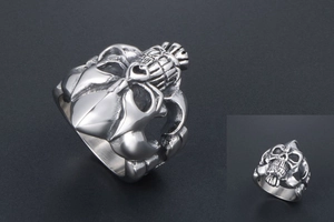 Macro detail of men's gothic skull ring in vintage silver finish stainless steel
