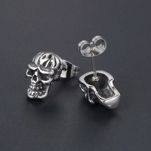 Boucles d'oreilles tête de mort en acier inoxydable pour hommes fini gris vintage