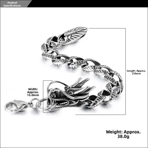 Vue détaillée du bracelet tête de dragon avec maillons écaillés et dimensions