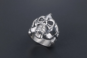 Detailed close-up of a silver gothic skull ring for men with intricate metal carving