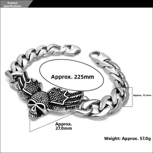 Detail of gothic stainless steel skull wing bracelet showing punk metal links and dimensions