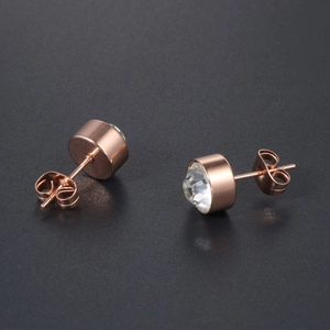 Rose gold titanium steel stud earrings featuring round clear zircon and butterfly backs