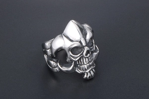 Macro shot of polished stainless steel gothic skull ring with intricate carved textures
