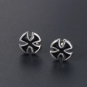 Unisex titanium steel hoop earrings with black oil drip cross design on grey background