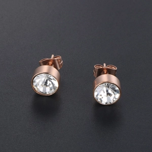Classic rose gold titanium steel stud earrings with round cubic zirconia in bezel setting