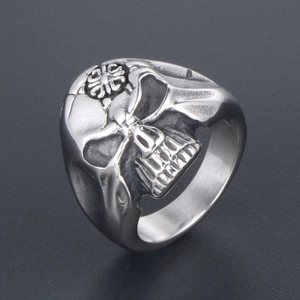 Retro punk skull ring for men in antique finish stainless steel with cross engraving