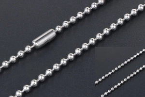 Detail of silver stainless steel ball chain with classic connector clasp for necklaces