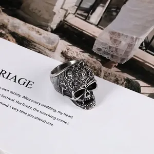 Vintage Stainless Steel Skull Ring Steampunk Mechanical Gear Biker Punk Gothic Biker Ring Retro Skeleton Halloween Jewelry