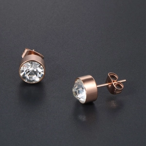 Rose gold titanium steel stud earrings with round clear crystal and butterfly backs