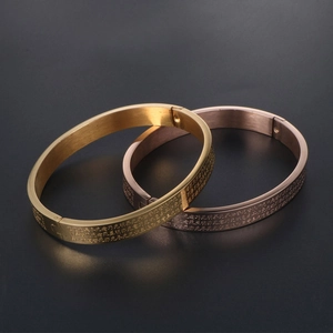 Buddhist Heart Sutra engraved titanium steel cuff bracelet in gold and rose gold finish