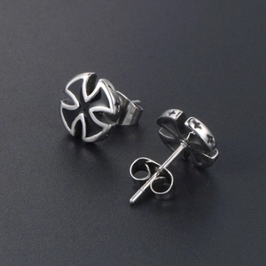 Minimalist stainless steel cross stud earrings with black enamel inlay in silver finish