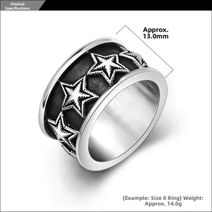 Macro shot of 13mm wide stainless steel ring with five-pointed star pattern details