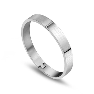 Polished stainless steel open bangle engraved with Buddhist Heart Sutra scriptures