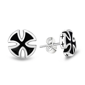 Retro titanium steel Maltese cross earrings with black enamel and side engraved stars