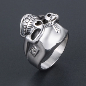 Retro punk one-eyed skull ring in vintage silver-tone titanium steel for men
