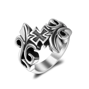 Vintage punk titanium steel ring featuring gothic cross and vine patterns in silver finish