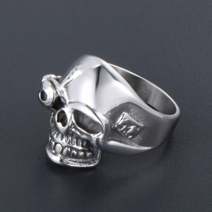 Gothic punk men's skull ring in silver titanium steel with mechanical gear eye detail