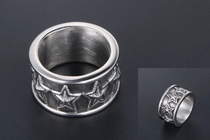 Detailed view of vintage titanium steel ring featuring continuous five-point star engraving