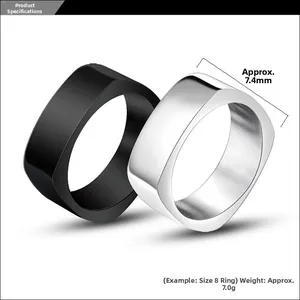 Close-up of square black and silver rings showing brushed metal finish and 7.4mm width