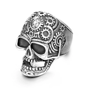 Steampunk skull ring in titanium steel featuring star relief and gear textures