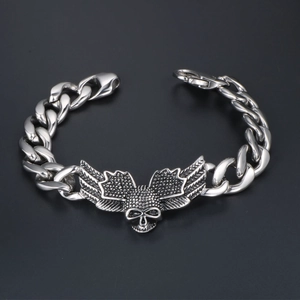 Gothic Punk Winged Skull Bracelet For Men Stainless Steel Cuban Link Chain Biker Jewelry Vintage Silver Polished Finish