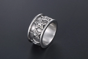 Detailed close-up of retro titanium steel ring featuring raised five-pointed star patterns