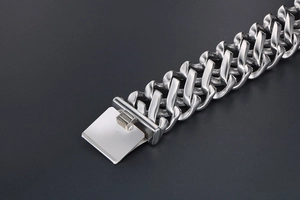 Macro shot of wide punk rock stainless steel chain links and square clasp for men