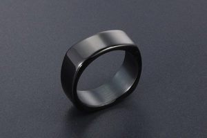 Macro shot of minimalist 8mm wide black matte ring with a polished inner band finish