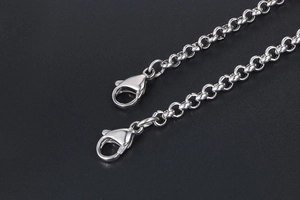 Dettaglio di una catena rolo in acciaio al titanio argento con chiusura a moschettone