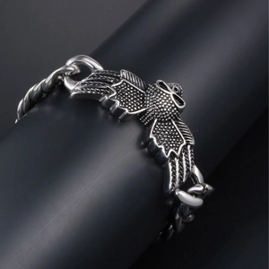 Men's punk stainless steel eagle wing bracelet with polished silver finish and link chain