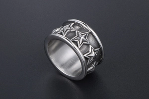 Detailed macro view of vintage titanium steel ring with embossed five-star pattern