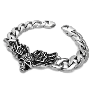 Punk winged skull stainless steel bracelet for men with classic cuban chain links