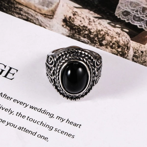 Vintage oxidized titanium steel ring for men with large oval black onyx stone setting