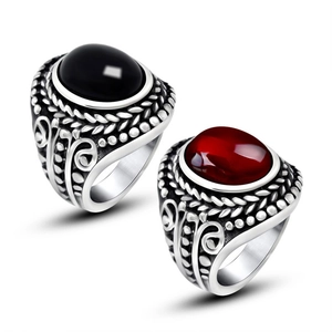 Vintage titanium steel men's rings set with black and wine red gemstones and floral carvings